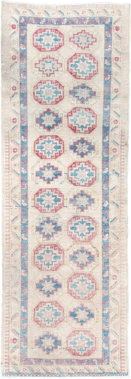 3' x 10' one-of-a-kind handmade antique Sarab runner rug. Color palette: ivory, sky blue, rose, beige, taupe, light blue