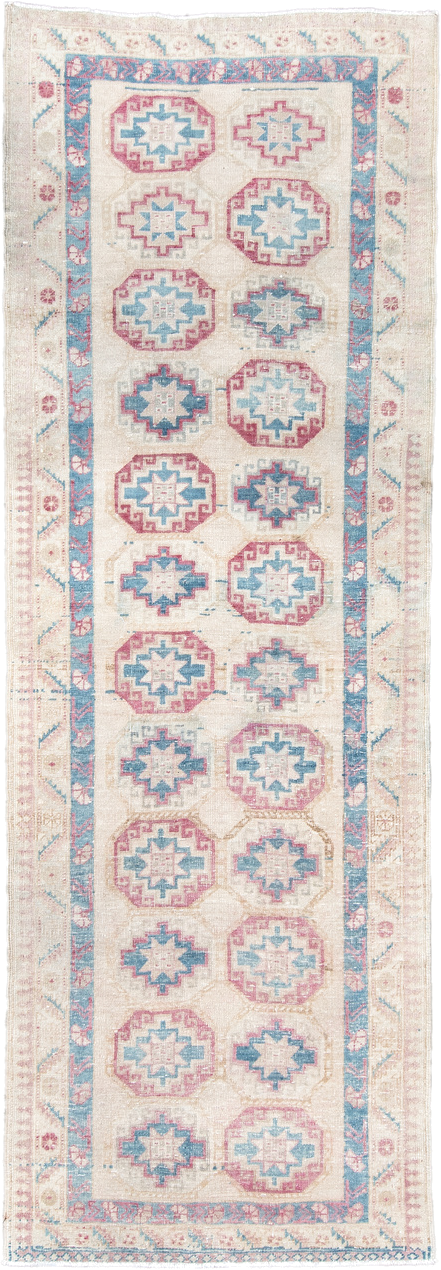 3' x 10' one-of-a-kind handmade antique Sarab runner rug. Color palette: ivory, sky blue, rose, beige, taupe, light blue