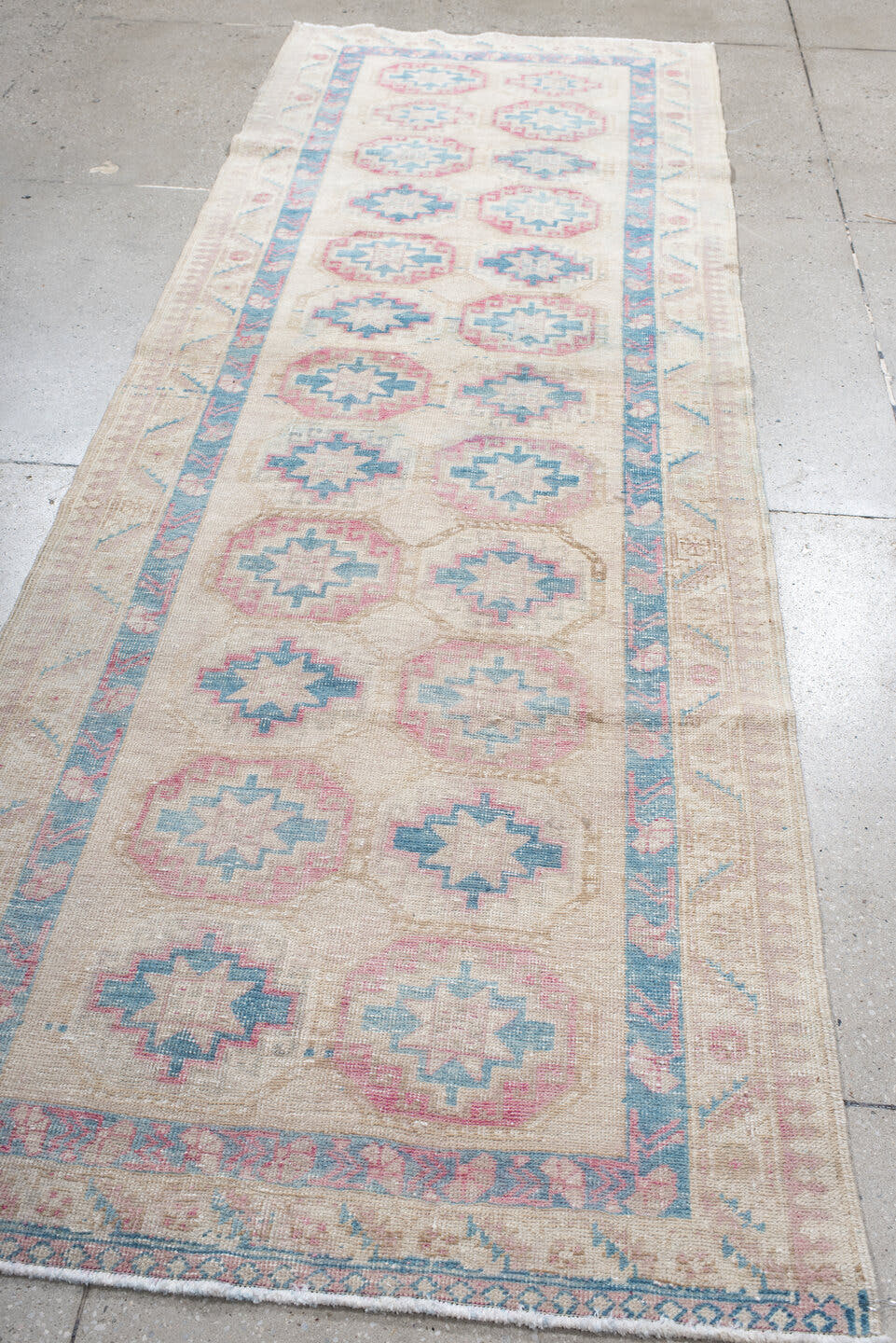 3' x 10' one-of-a-kind handmade antique Sarab runner rug. Color palette: ivory, sky blue, rose, beige, taupe, light blue