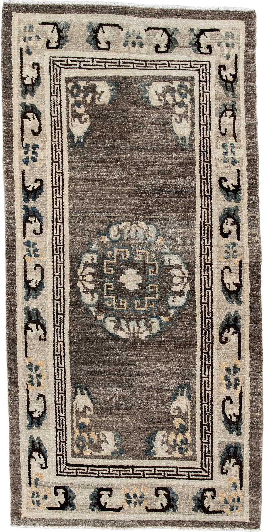 3' x 6' one-of-a-kind handmade antique Tibetan runner rug. Color palette: taupe, ivory, charcoal, slate, cream, gold, beige