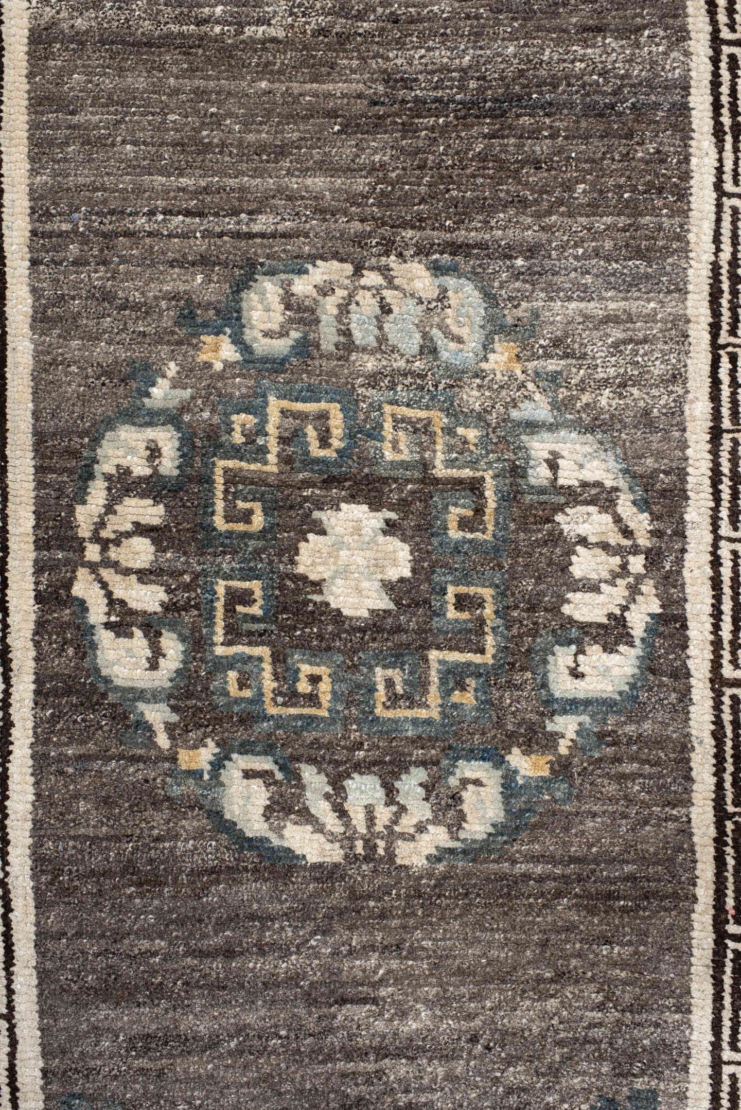 3' x 6' one-of-a-kind handmade antique Tibetan runner rug. Color palette: taupe, ivory, charcoal, slate, cream, gold, beige