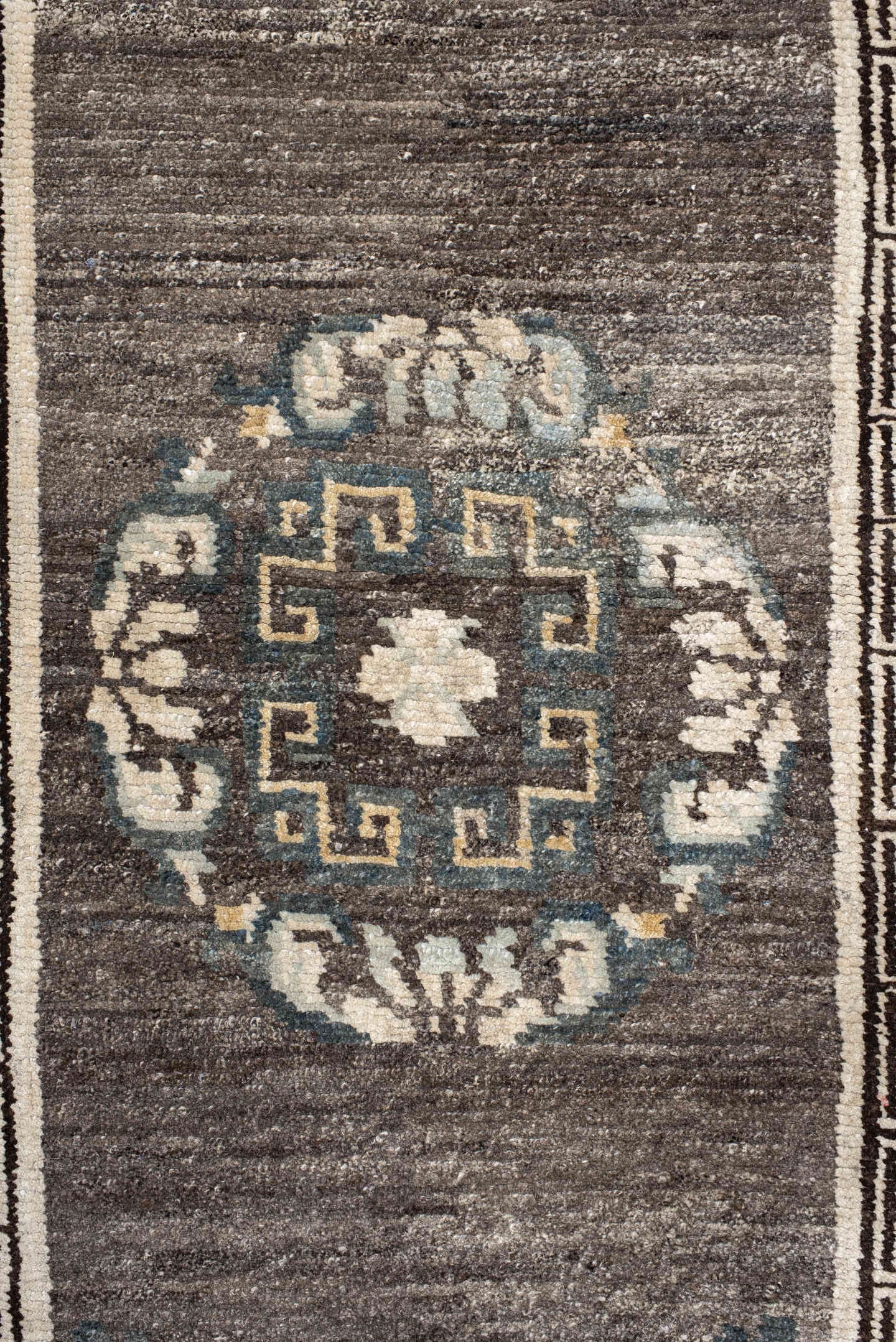 3' x 6' one-of-a-kind handmade antique Tibetan runner rug. Color palette: taupe, ivory, charcoal, slate, cream, gold, beige