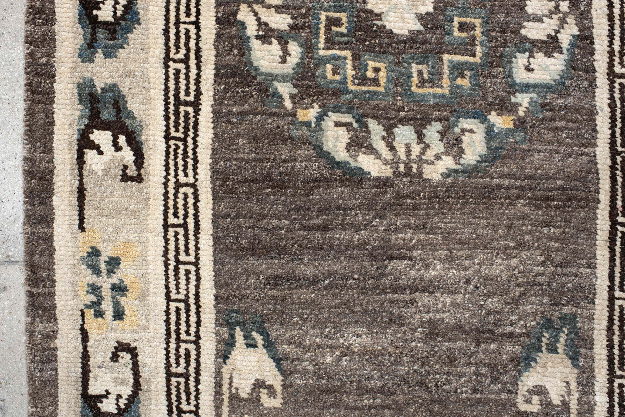 3' x 6' one-of-a-kind handmade antique Tibetan runner rug. Color palette: taupe, ivory, charcoal, slate, cream, gold, beige