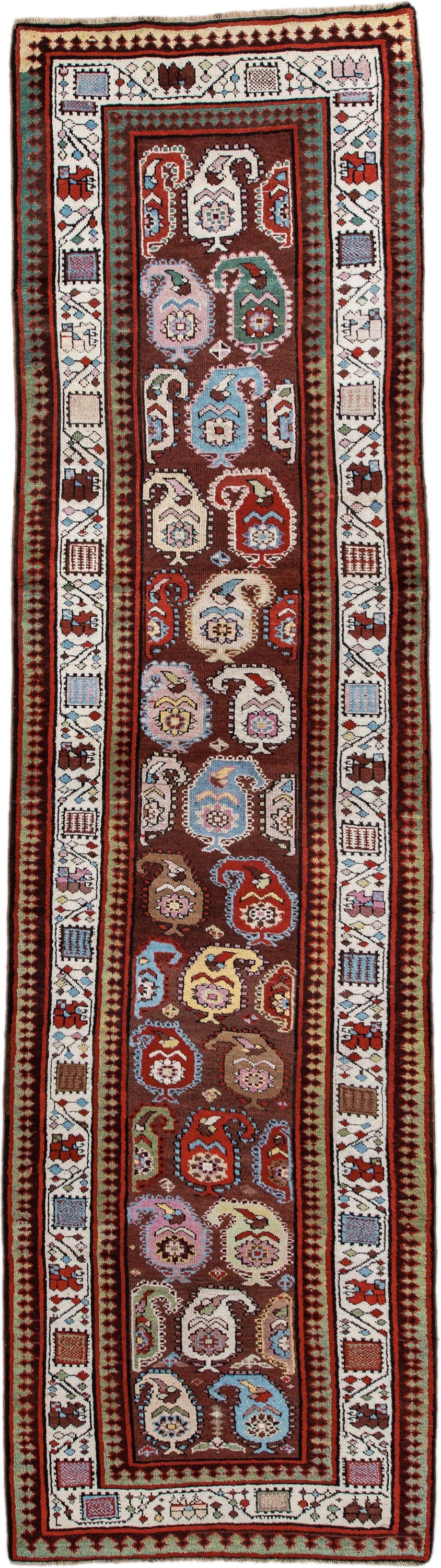 3' x 11' one-of-a-kind handmade antique Sarab runner rug. Color palette: rust, ivory, sky blue, crimson, brown, sage, pink