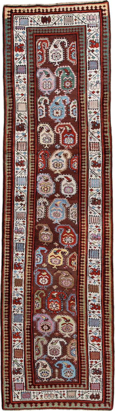 3' x 11' one-of-a-kind handmade antique Sarab runner rug. Color palette: rust, ivory, sky blue, crimson, brown, sage, pink