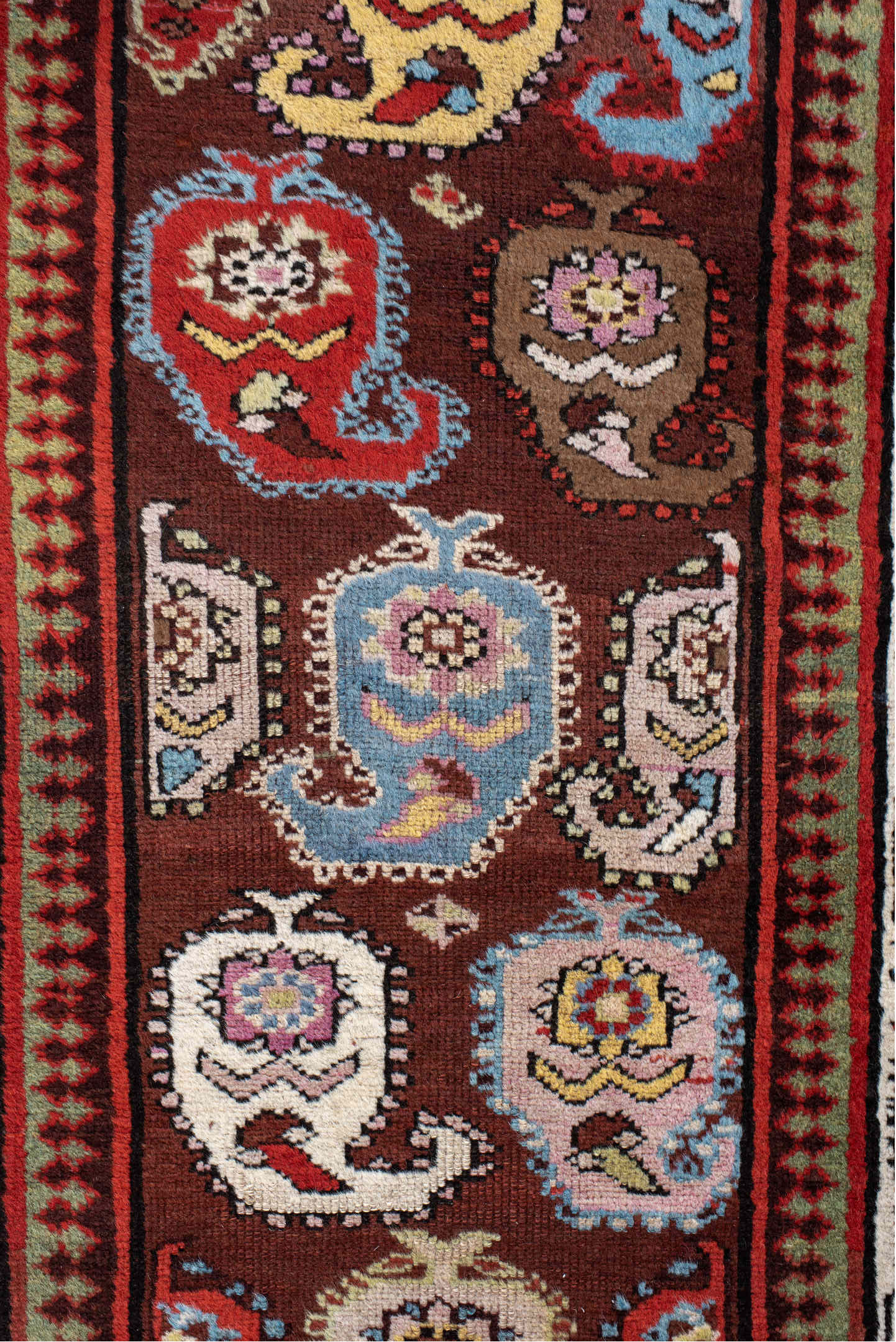 3' x 11' one-of-a-kind handmade antique Sarab runner rug. Color palette: rust, ivory, sky blue, crimson, brown, sage, pink