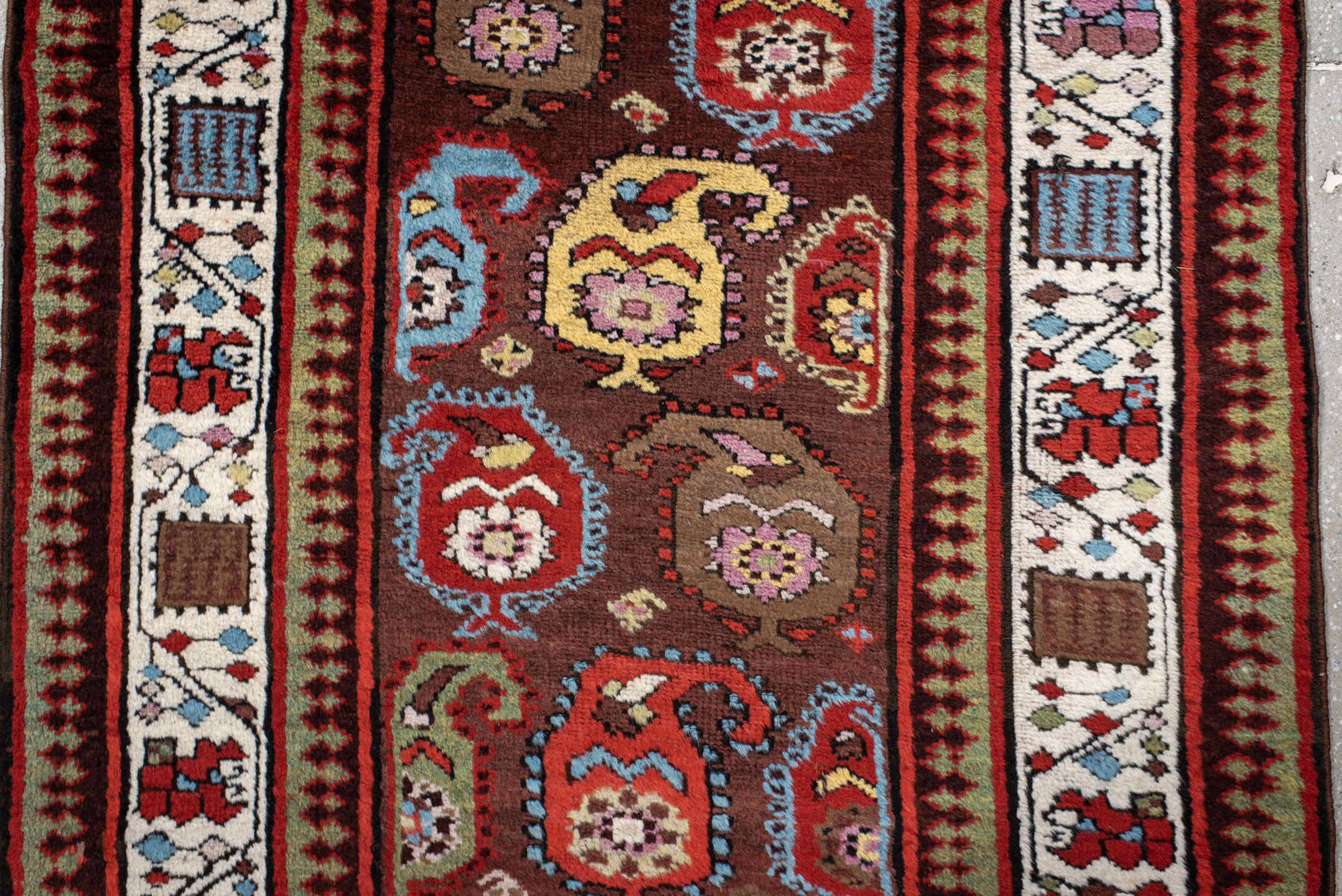 3' x 11' one-of-a-kind handmade antique Sarab runner rug. Color palette: rust, ivory, sky blue, crimson, brown, sage, pink