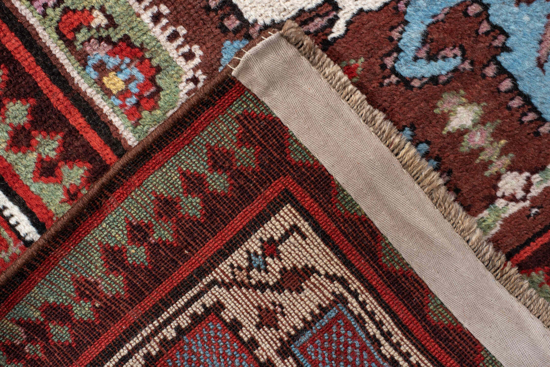 3' x 11' one-of-a-kind handmade antique Sarab runner rug. Color palette: rust, ivory, sky blue, crimson, brown, sage, pink