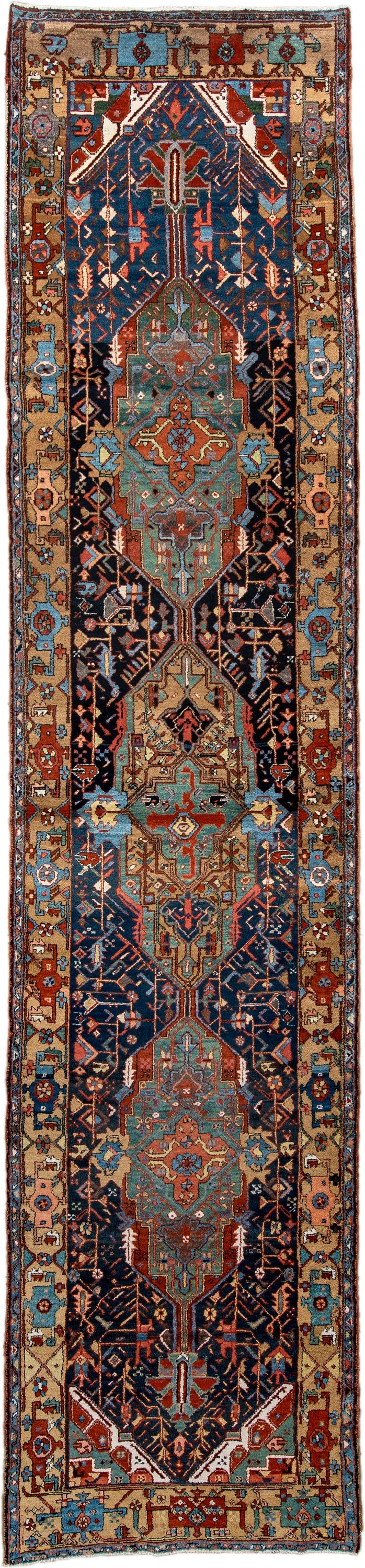 3' x 14' one-of-a-kind handmade antique Karaje runner rug. Color palette: navy, camel, sky_blue, rust, ivory, turquoise