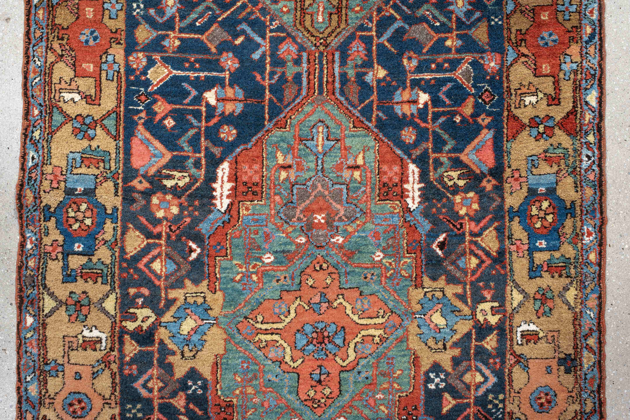3' x 14' one-of-a-kind handmade antique Karaje runner rug. Color palette: navy, camel, sky_blue, rust, ivory, turquoise