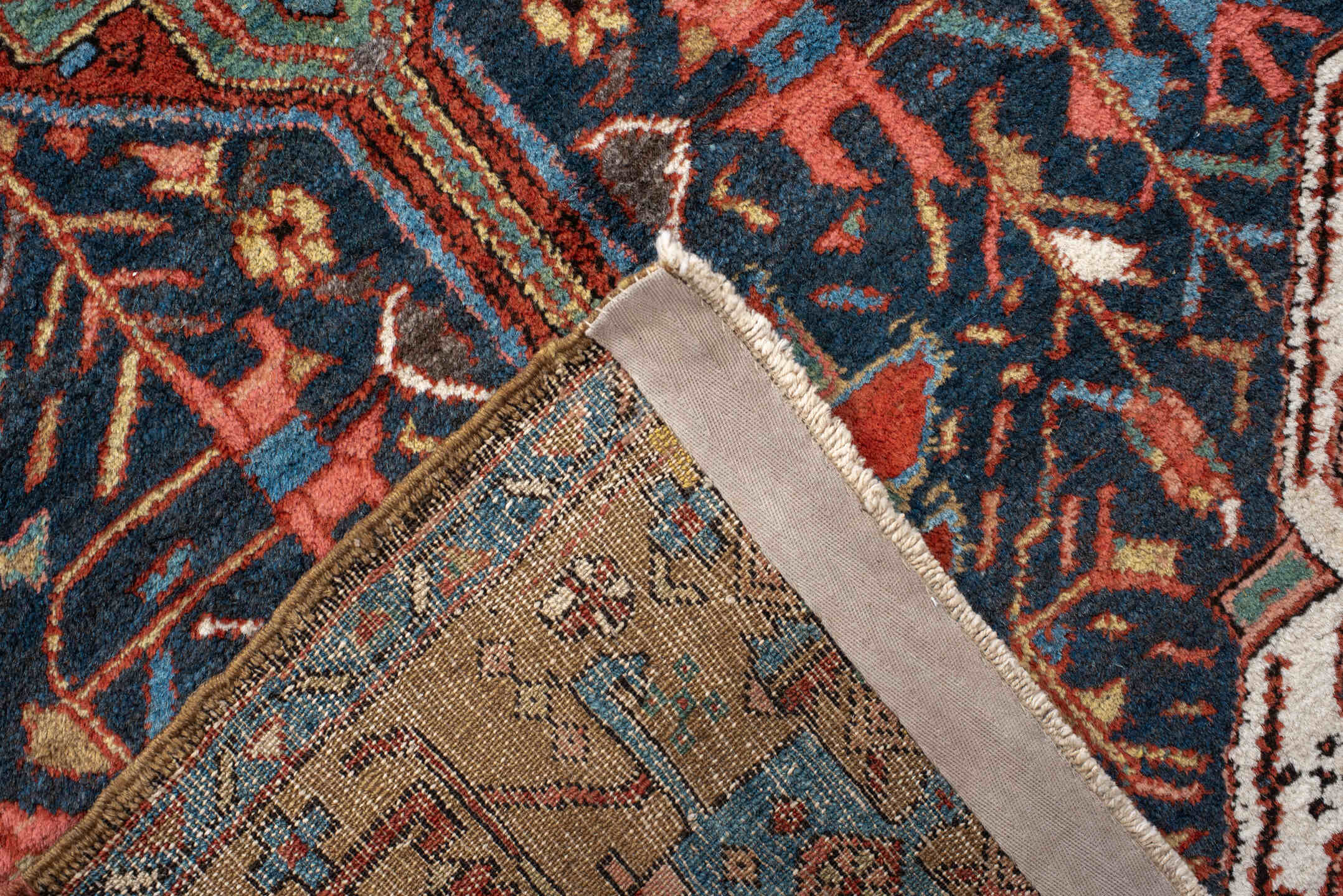 3' x 14' one-of-a-kind handmade antique Karaje runner rug. Color palette: navy, camel, sky_blue, rust, ivory, turquoise