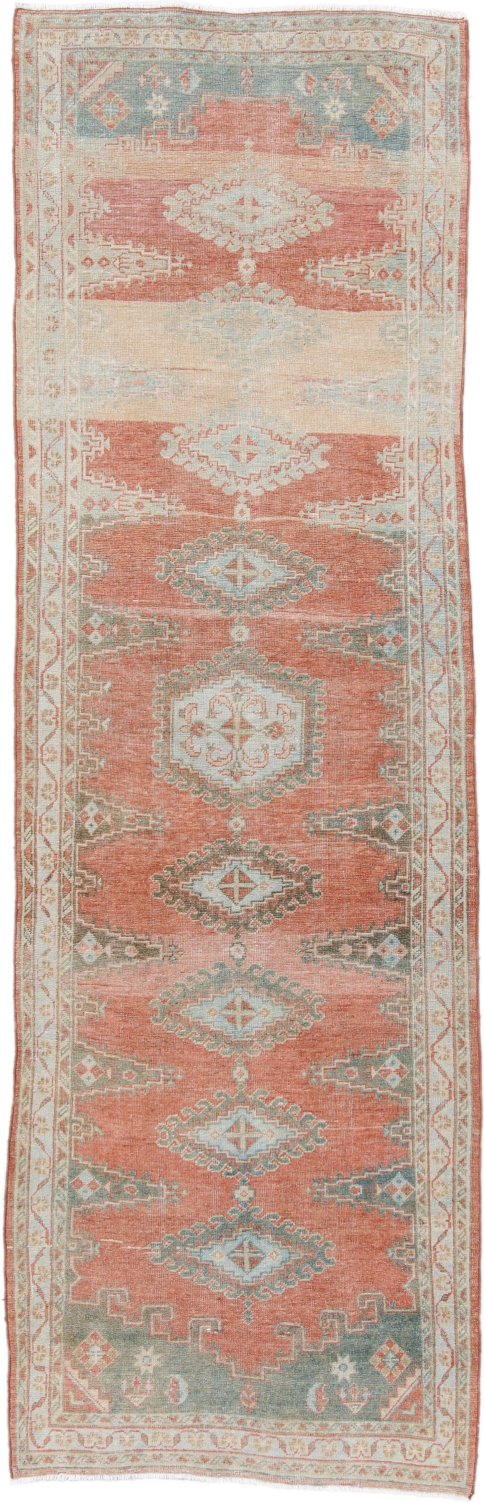3' x 11' one-of-a-kind handmade antique Veece runner rug. Color palette: coral, ivory, pale blue, sage, cream, terra cotta