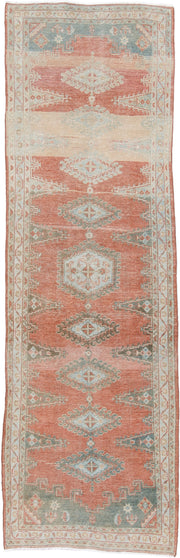 3' x 11' one-of-a-kind handmade antique Veece runner rug. Color palette: coral, ivory, pale blue, sage, cream, terra cotta