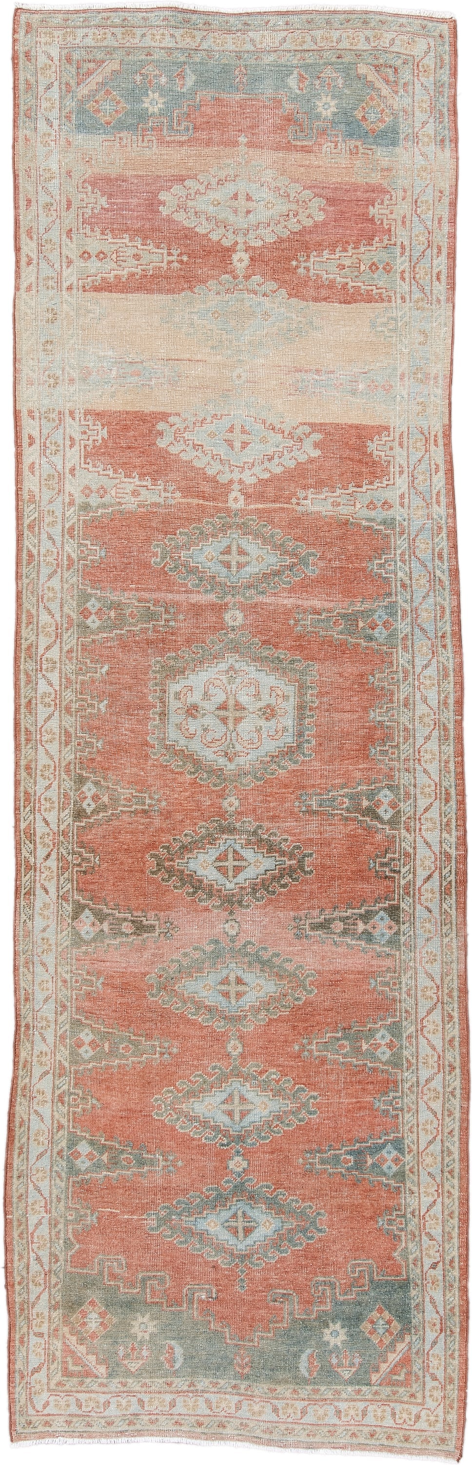 3' x 11' one-of-a-kind handmade antique Veece runner rug. Color palette: coral, ivory, pale blue, sage, cream, terra cotta