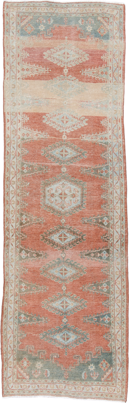 3' x 11' one-of-a-kind handmade vintage Veece runner rug. Color palette: brown, dark gray, gray, light blue, light gray