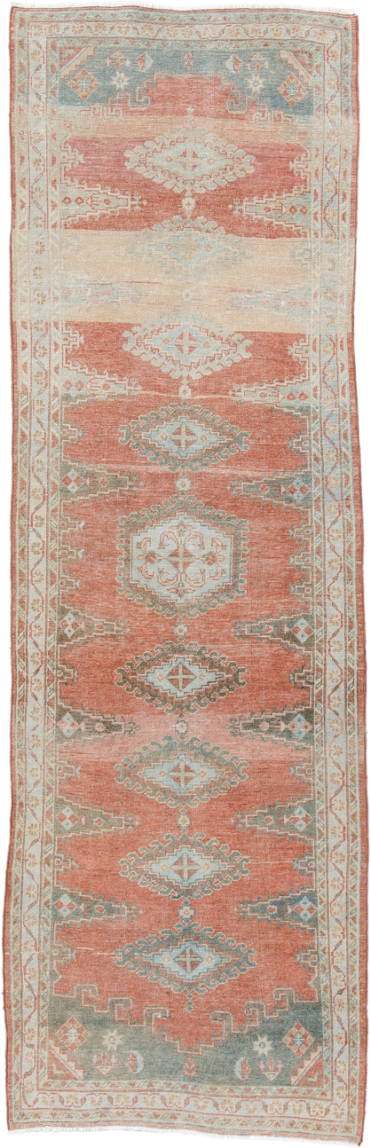 3' x 11' one-of-a-kind handmade antique Veece runner rug. Color palette: coral, ivory, pale blue, sage, cream, terra cotta