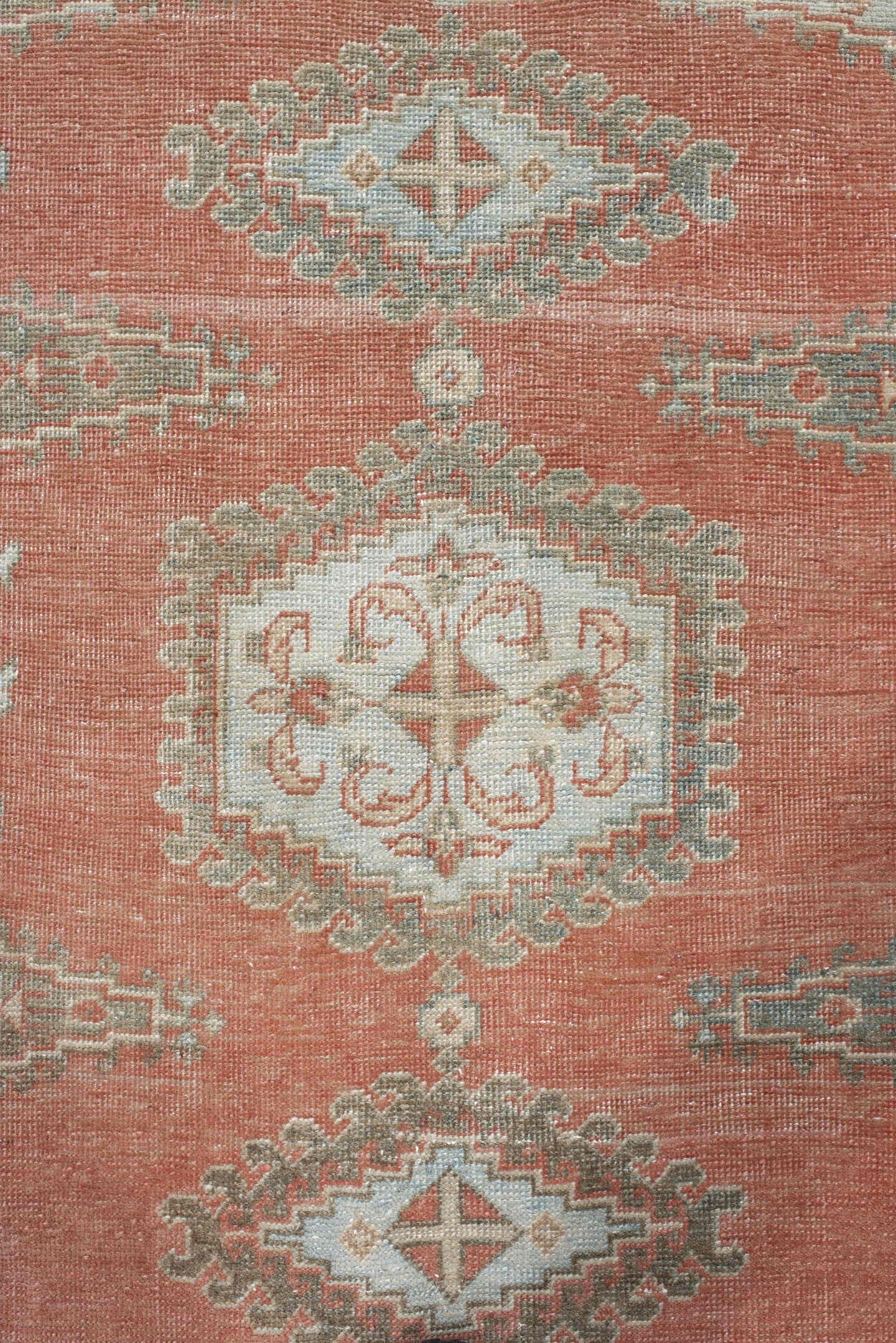 3' x 11' one-of-a-kind handmade antique Veece runner rug. Color palette: coral, ivory, pale blue, sage, cream, terra cotta