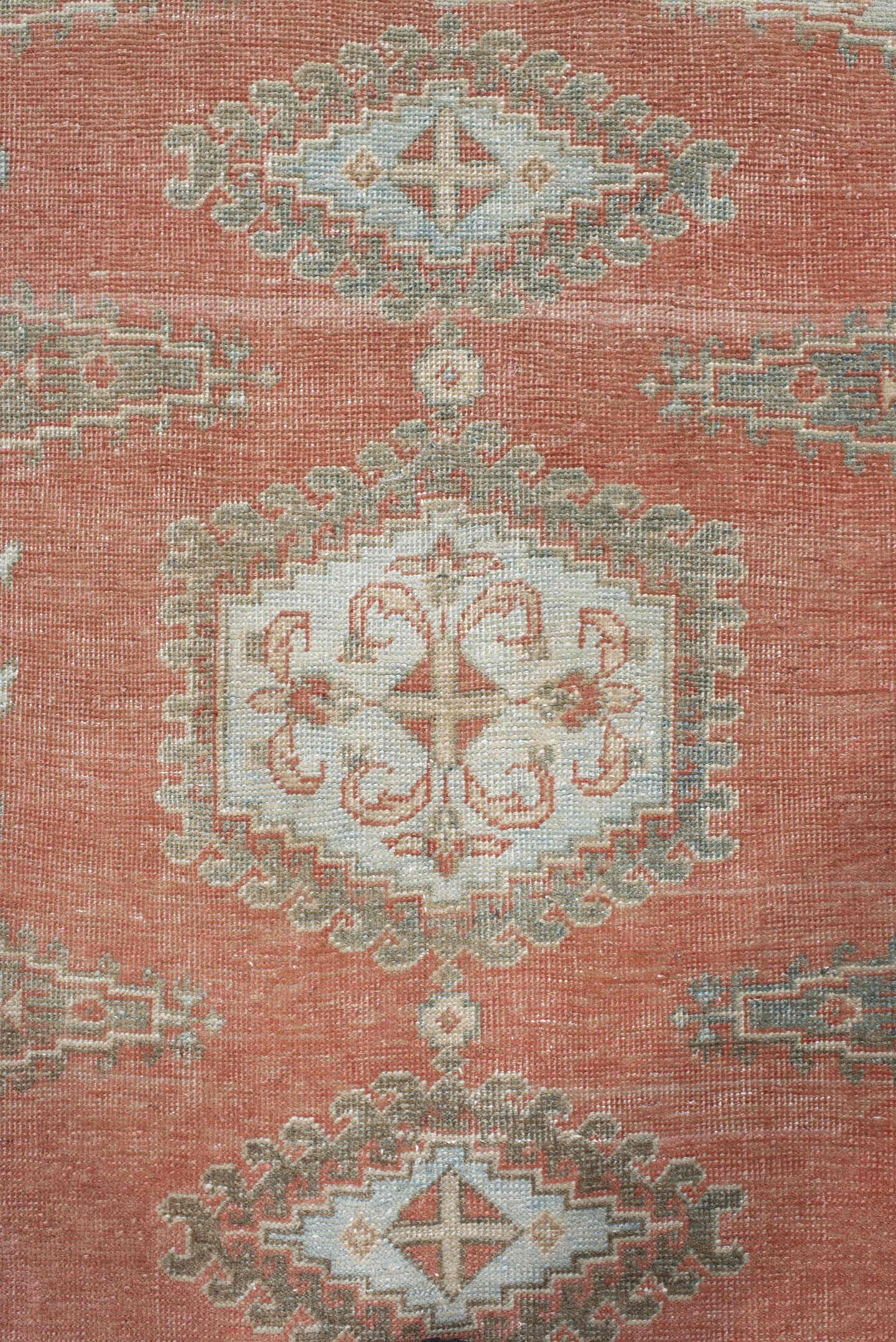 3' x 11' one-of-a-kind handmade antique Veece runner rug. Color palette: coral, ivory, pale blue, sage, cream, terra cotta
