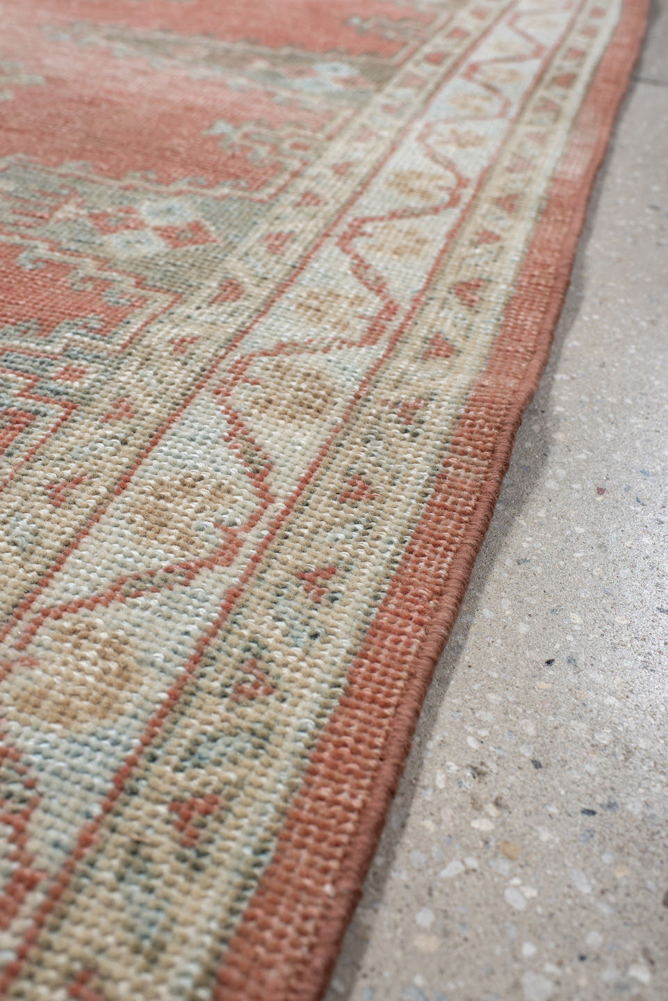 3' x 11' one-of-a-kind handmade antique Veece runner rug. Color palette: coral, ivory, pale blue, sage, cream, terra cotta