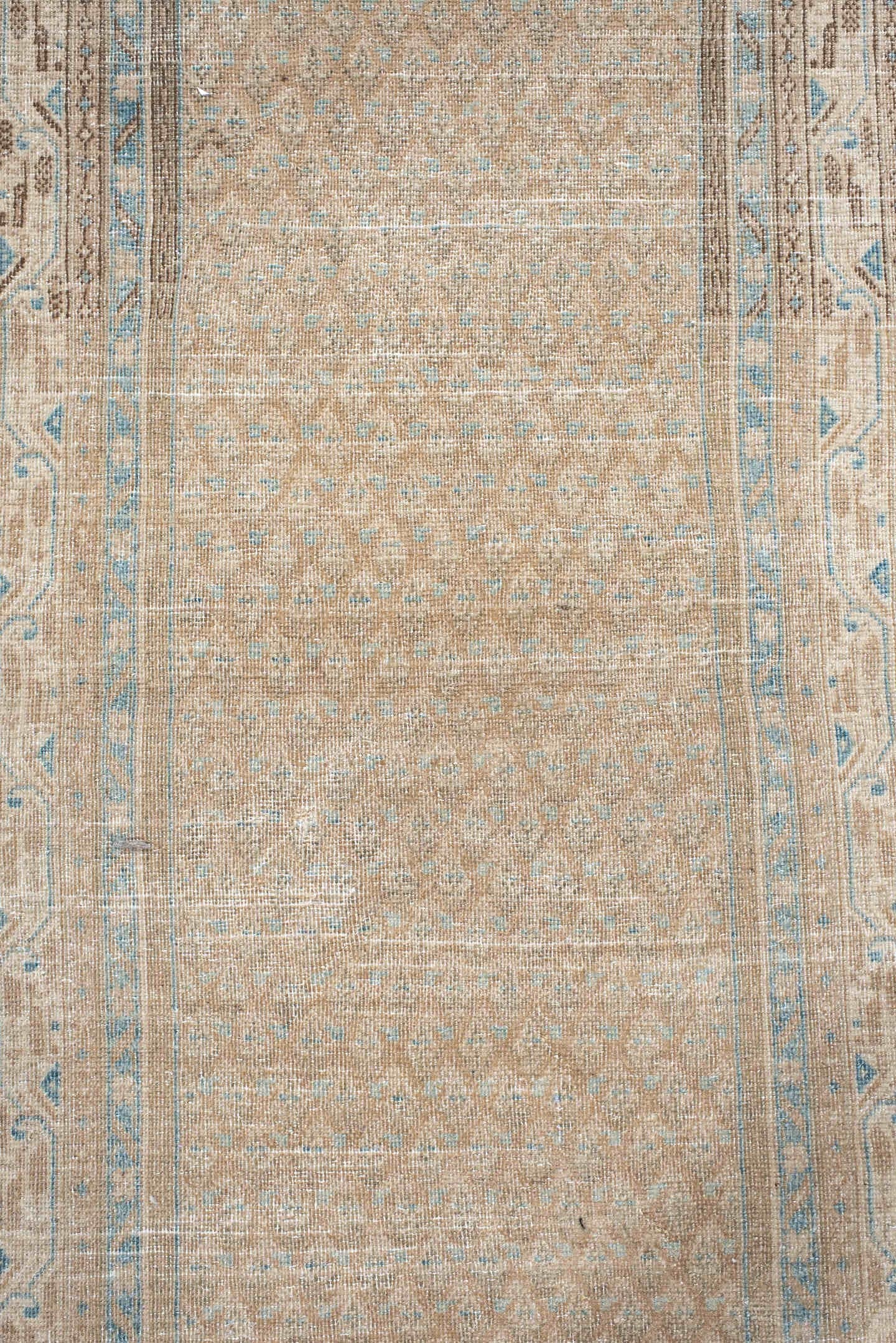 2' x 12' one-of-a-kind handmade antique Mir runner rug. Color palette: ivory, sky blue, beige, taupe, camel, light blue
