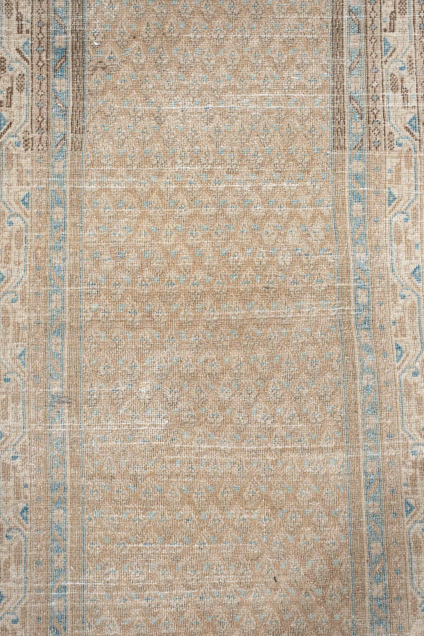 2' x 12' one-of-a-kind handmade antique Mir runner rug. Color palette: ivory, sky blue, beige, taupe, camel, light blue