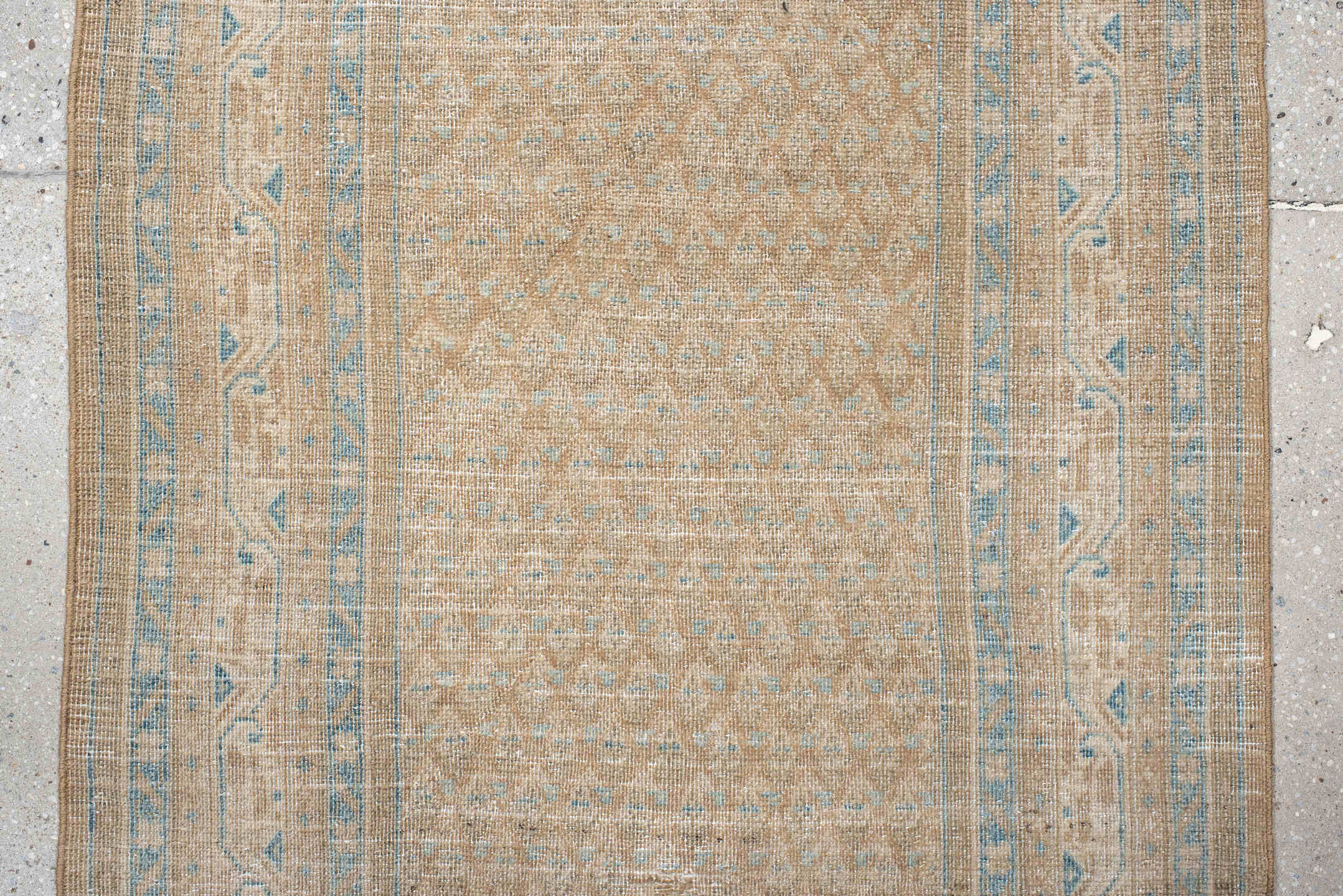 2' x 12' one-of-a-kind handmade antique Mir runner rug. Color palette: ivory, sky blue, beige, taupe, camel, light blue