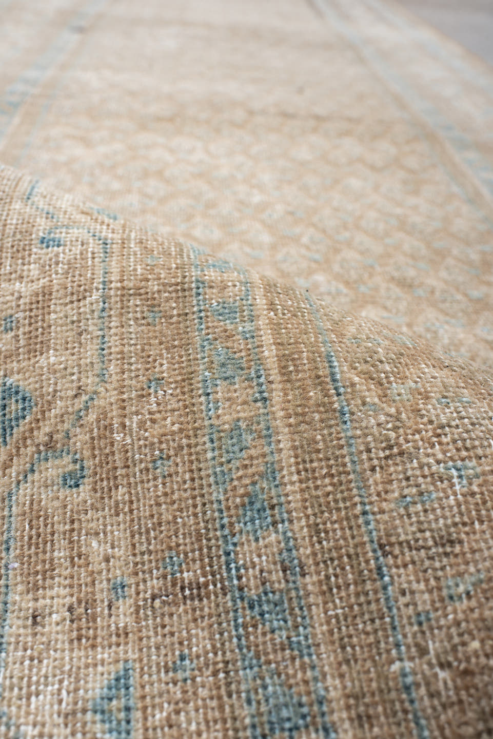 2' x 12' one-of-a-kind handmade antique Mir runner rug. Color palette: ivory, sky blue, beige, taupe, camel, light blue