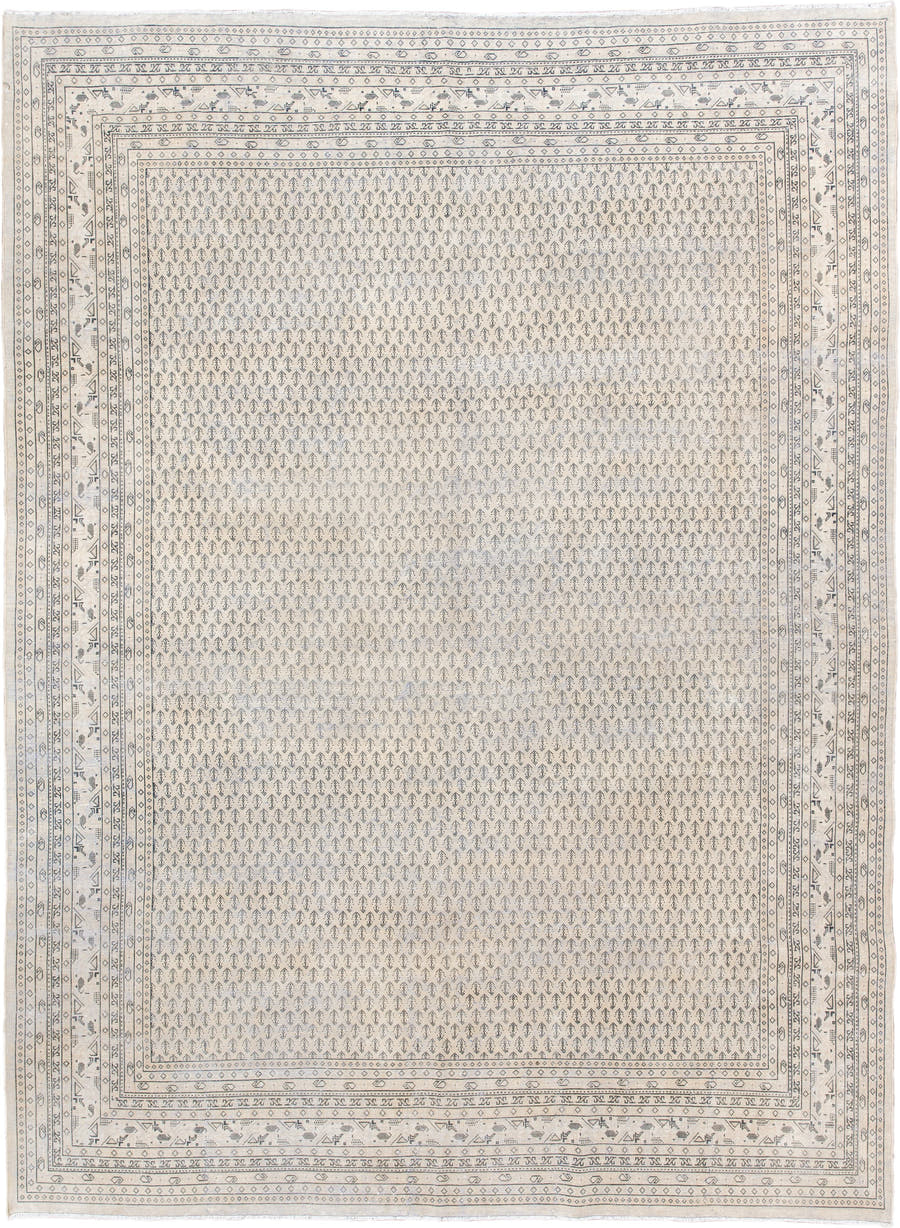 7' x 10' one-of-a-kind handmade antique Mir large size rug. Color palette: ivory, pale blue, taupe, sand, gray, light blue