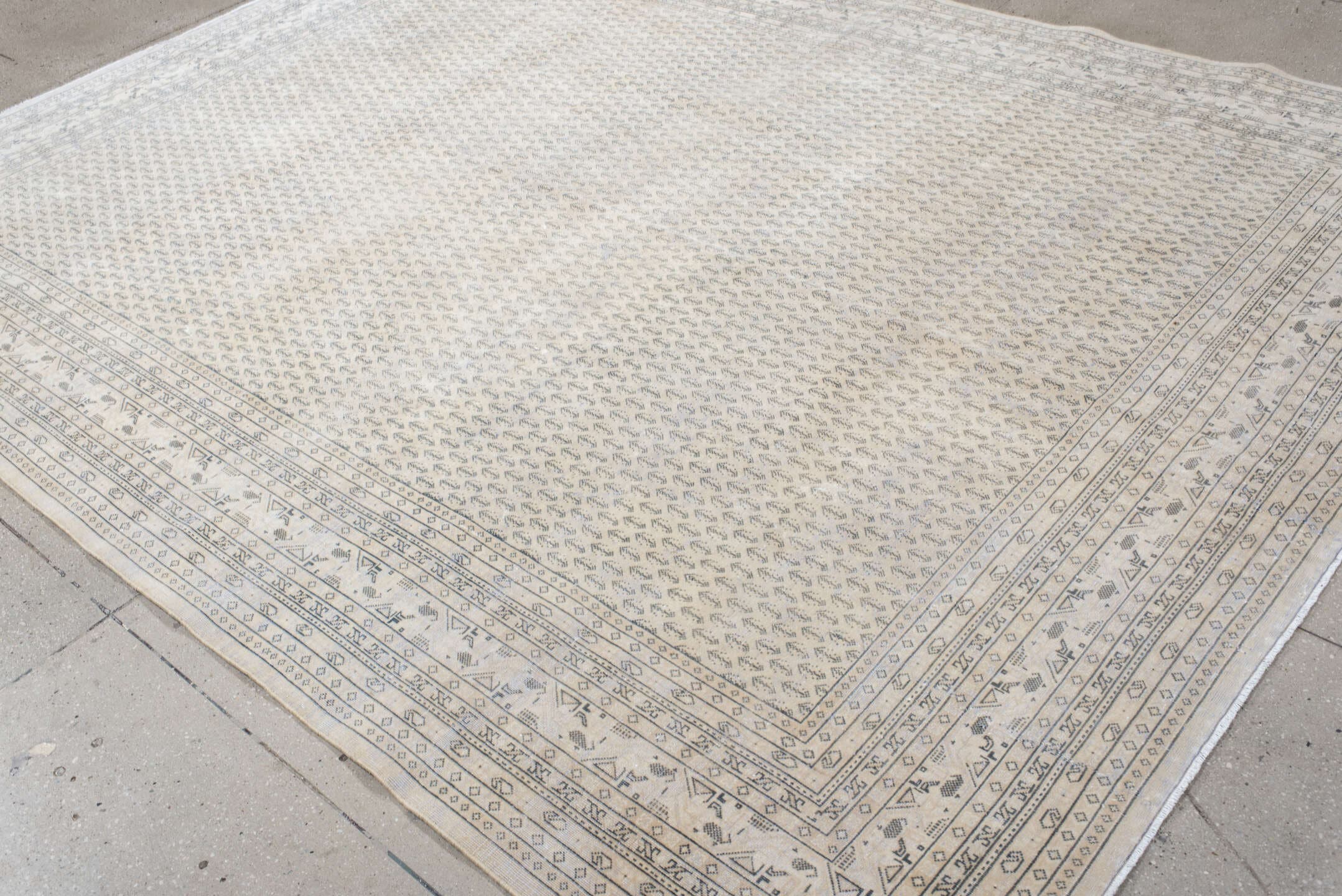 7' x 10' one-of-a-kind handmade antique Mir large size rug. Color palette: ivory, pale blue, taupe, sand, gray, light blue