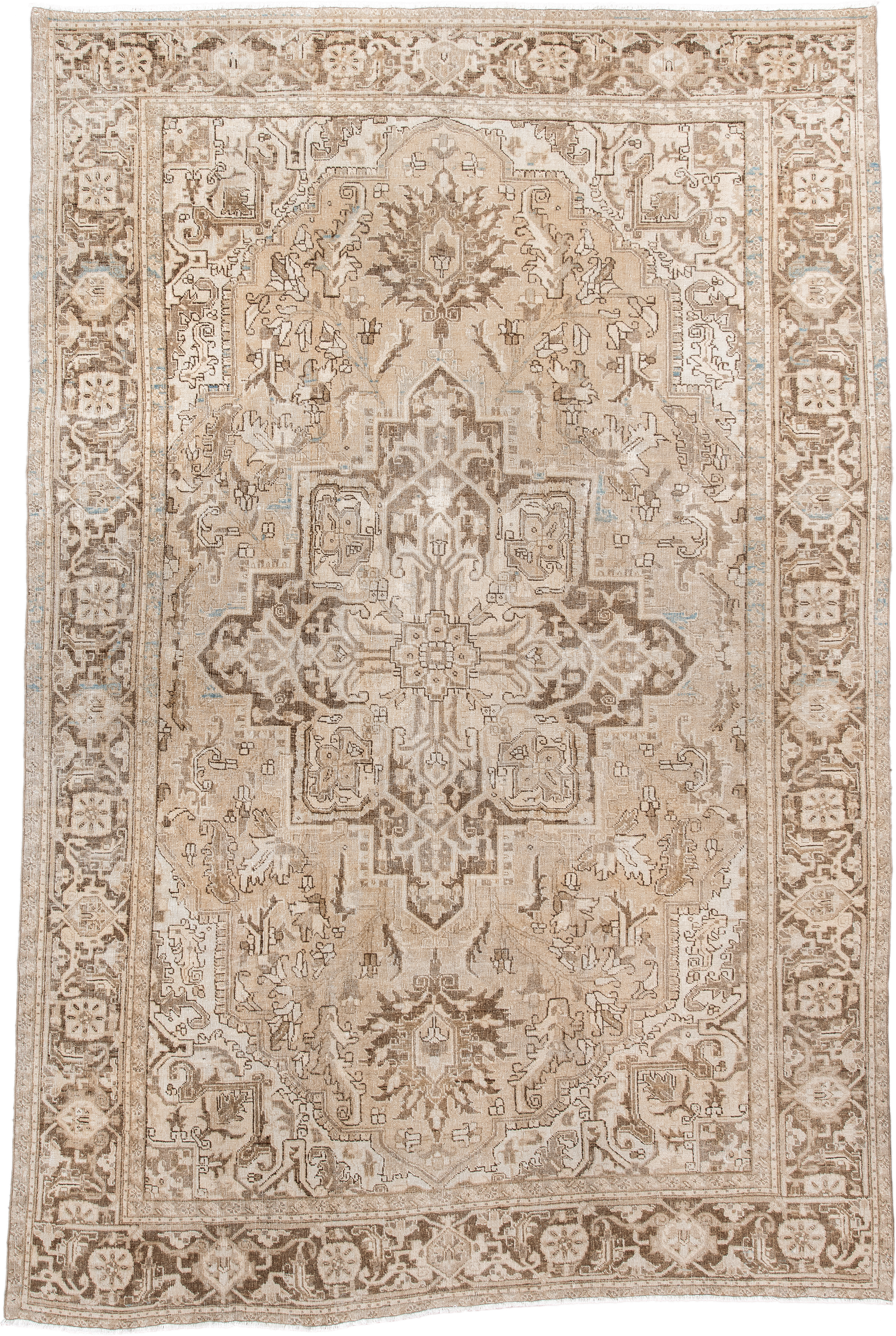 7' x 10' one-of-a-kind handmade antique Heriz large size rug. Color palette: ivory, taupe, beige, brown, camel, pale blue
