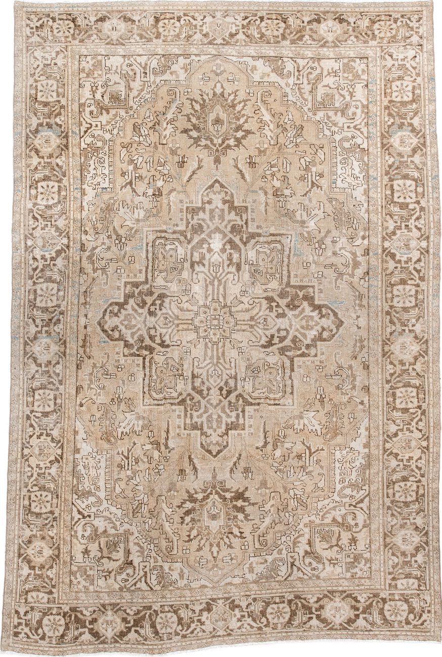 7' x 10' one-of-a-kind handmade vintage Heriz large size rug. Color palette: brown, gray, off-white, orange, pink