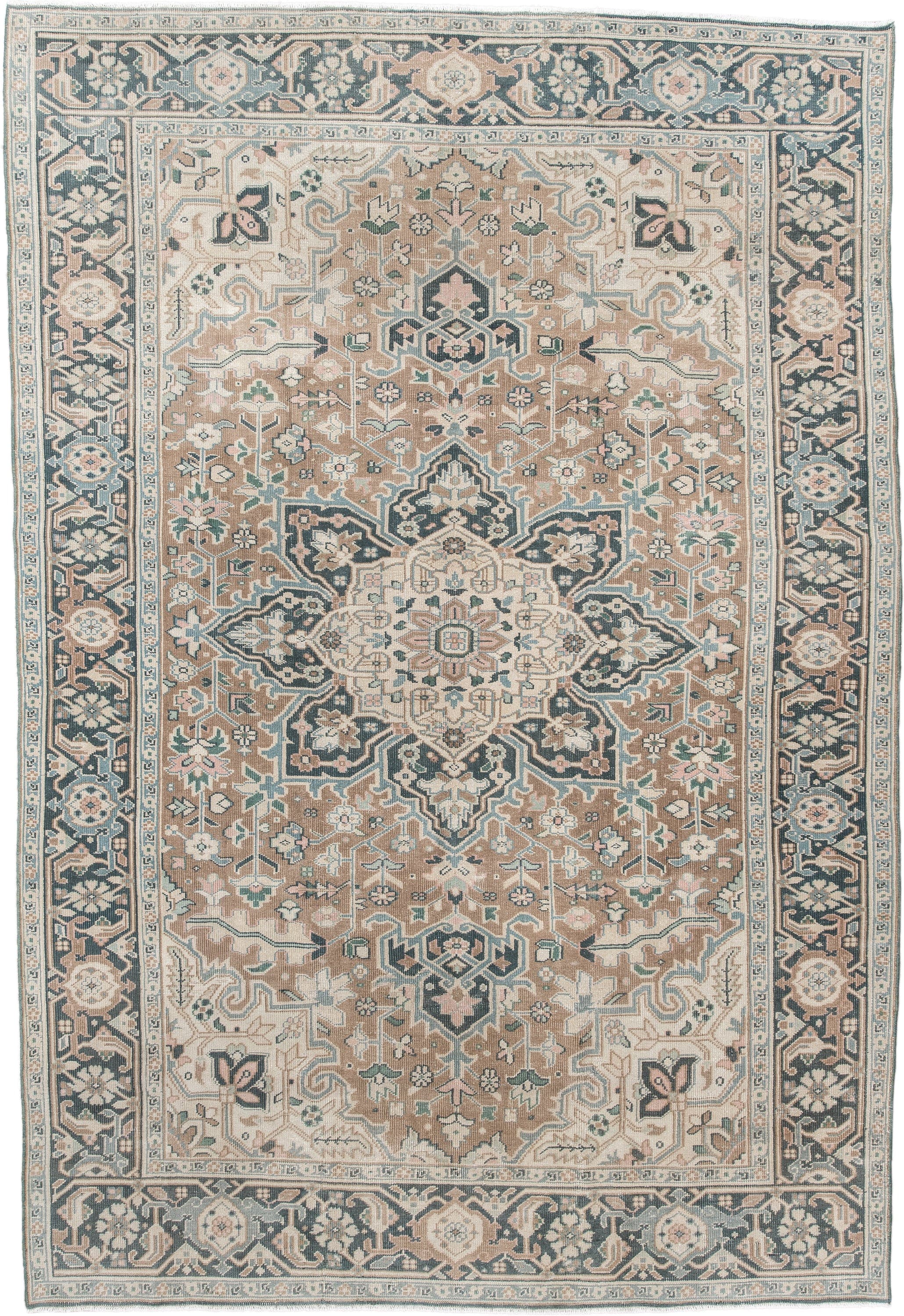 6' x 9' one-of-a-kind handmade antique Heriz medium size rug. Color palette: taupe, ivory, slate, cream, sage, charcoal