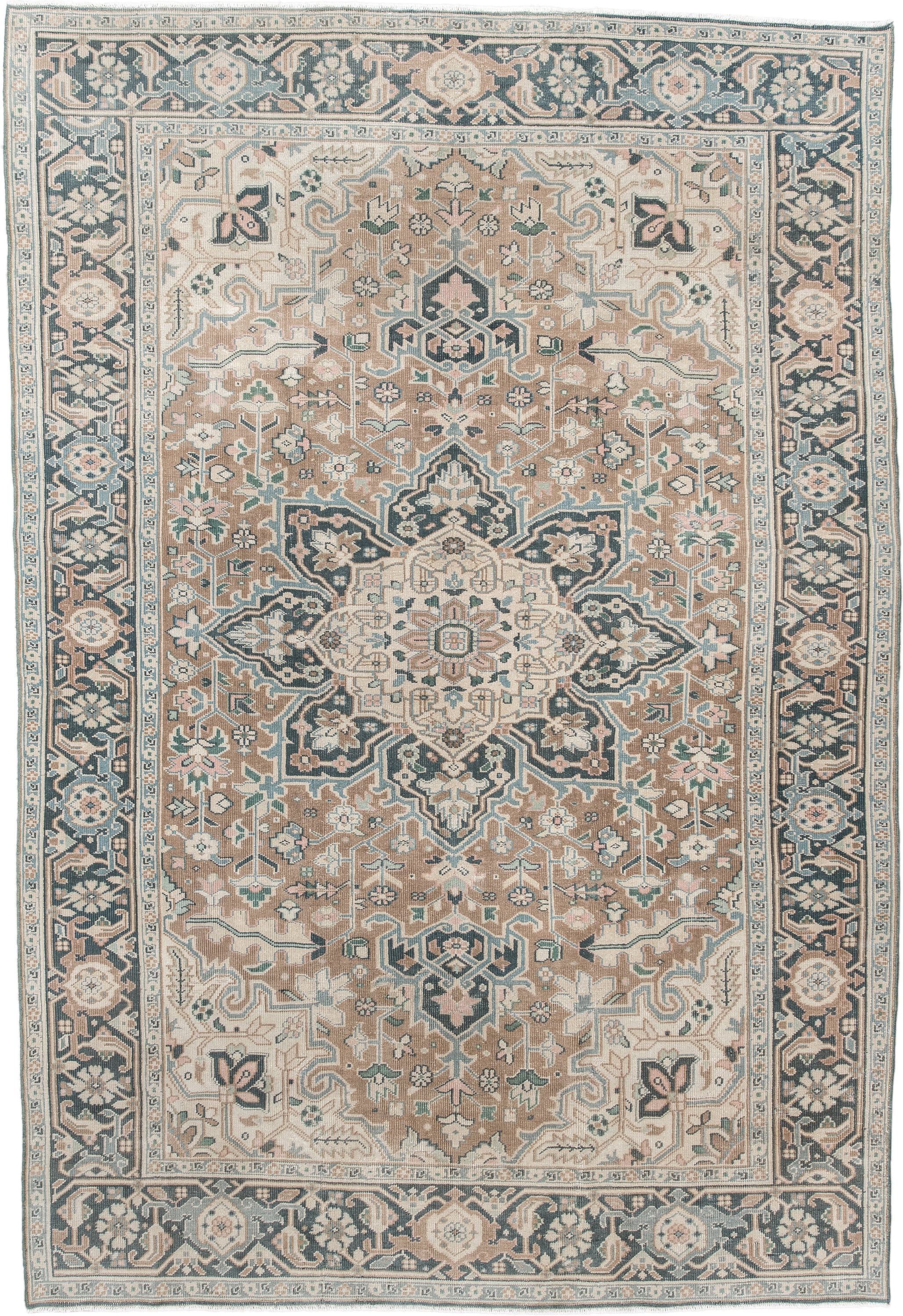 6' x 9' one-of-a-kind handmade antique Heriz medium size rug. Color palette: taupe, ivory, slate, cream, sage, charcoal