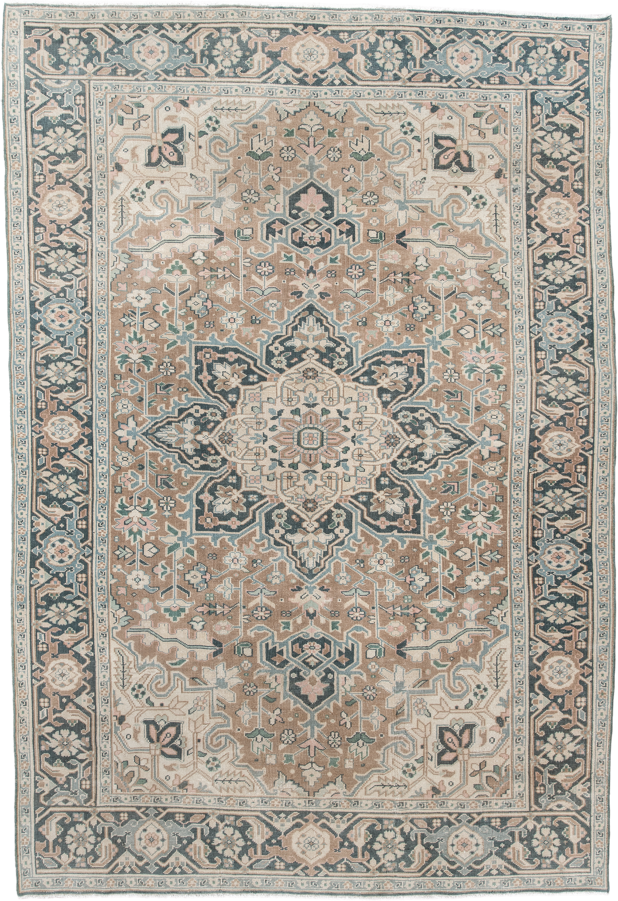 6' x 9' one-of-a-kind handmade antique Heriz medium size rug. Color palette: taupe, ivory, slate, cream, sage, charcoal