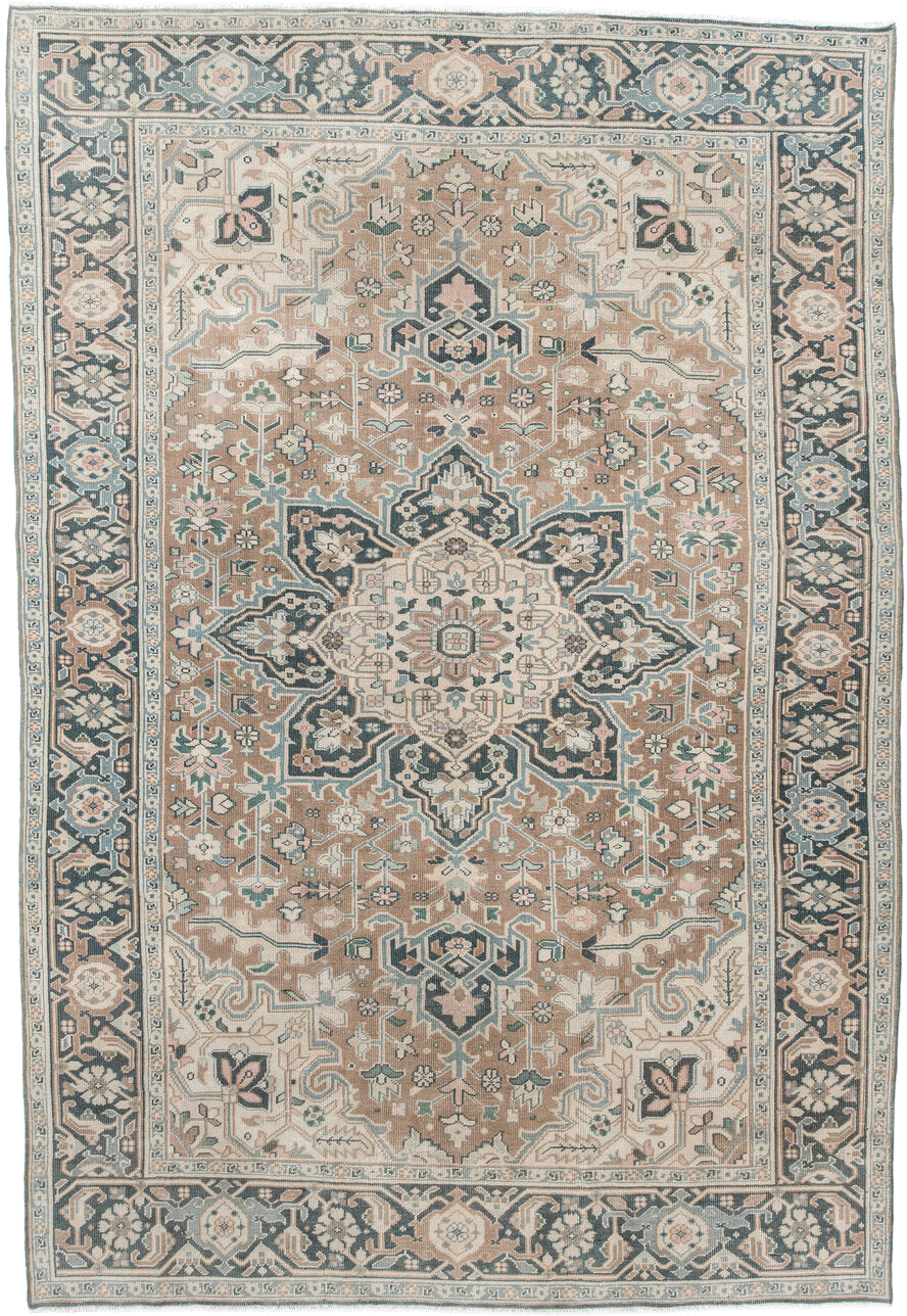6' x 9' one-of-a-kind handmade antique Heriz medium size rug. Color palette: taupe, ivory, slate, cream, sage, charcoal