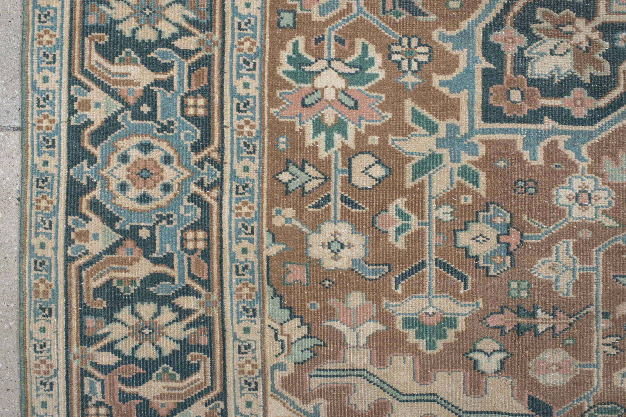 6' x 9' one-of-a-kind handmade antique Heriz medium size rug. Color palette: taupe, ivory, slate, cream, sage, charcoal