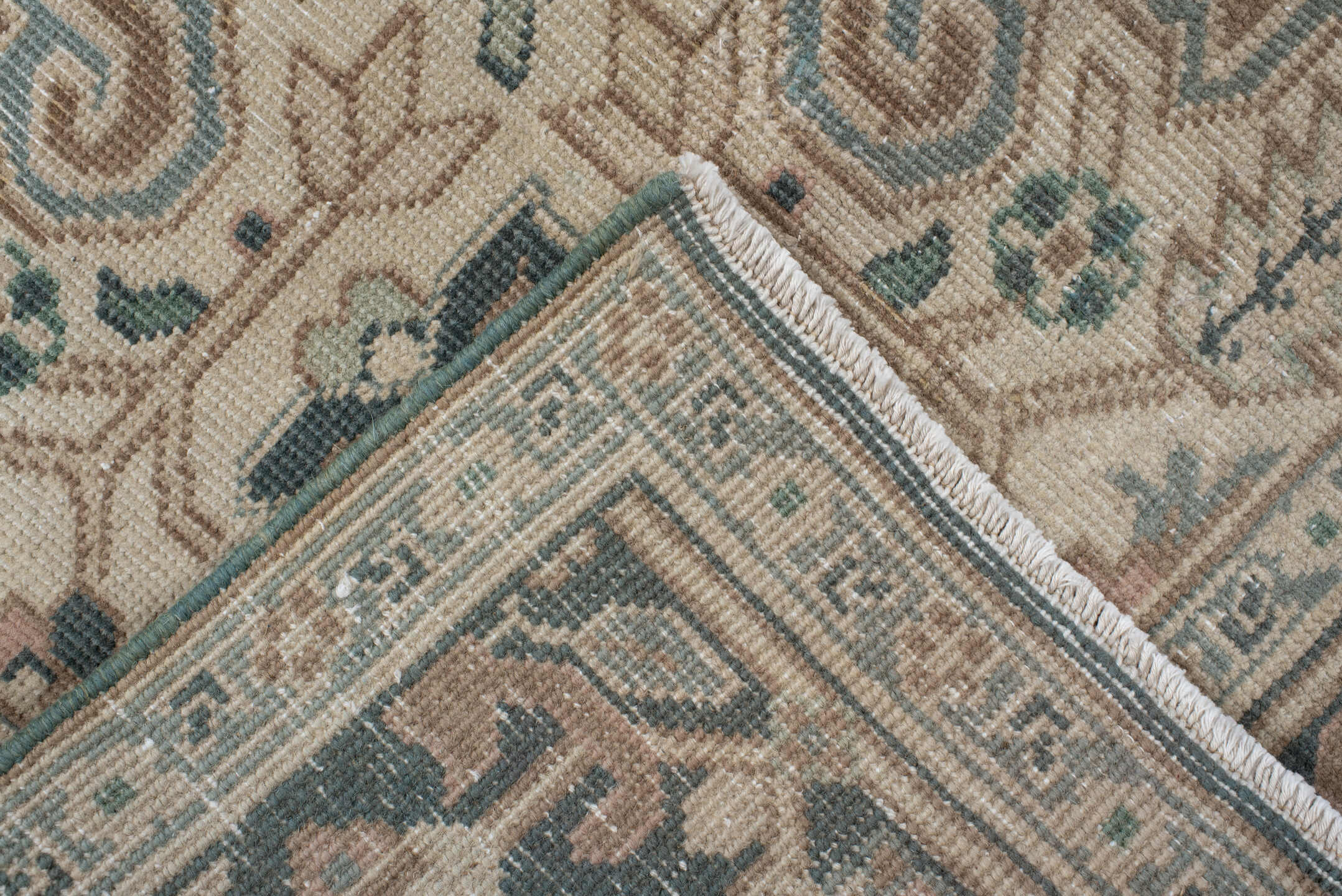 6' x 9' one-of-a-kind handmade antique Heriz medium size rug. Color palette: taupe, ivory, slate, cream, sage, charcoal