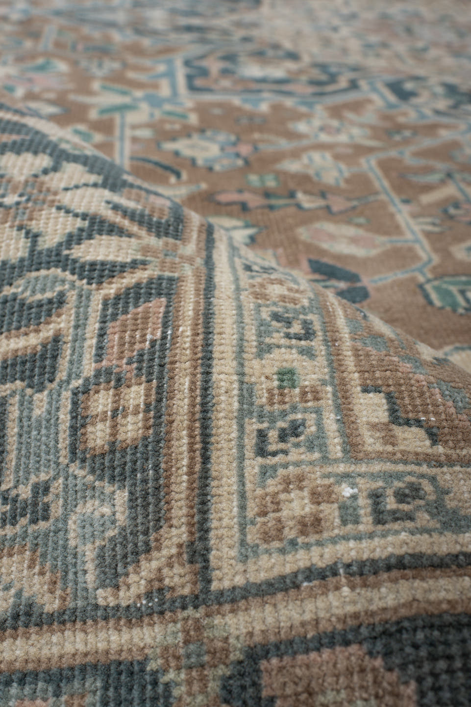 6' x 9' one-of-a-kind handmade antique Heriz medium size rug. Color palette: taupe, ivory, slate, cream, sage, charcoal
