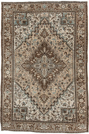 6' x 9' one-of-a-kind handmade antique Heriz medium size rug. Color palette: brown, ivory, sky blue, taupe, camel, slate