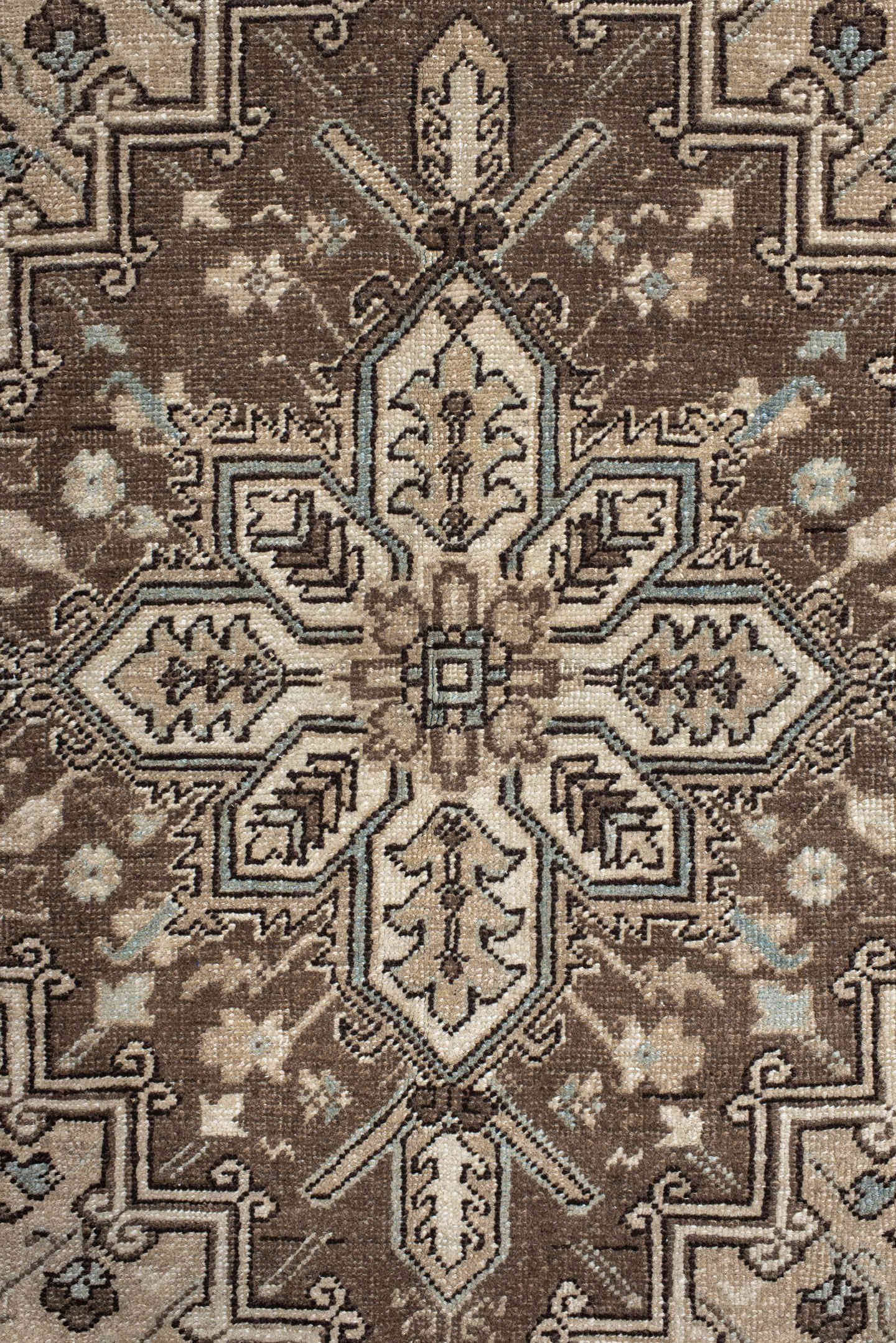 6' x 9' one-of-a-kind handmade antique Heriz medium size rug. Color palette: brown, ivory, sky blue, taupe, camel, slate