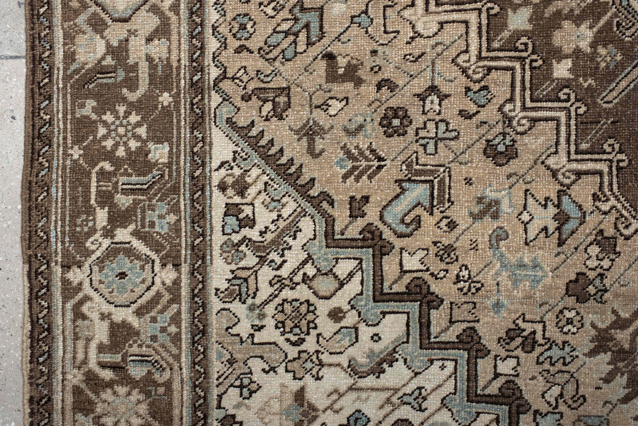 6' x 9' one-of-a-kind handmade antique Heriz medium size rug. Color palette: brown, ivory, sky blue, taupe, camel, slate