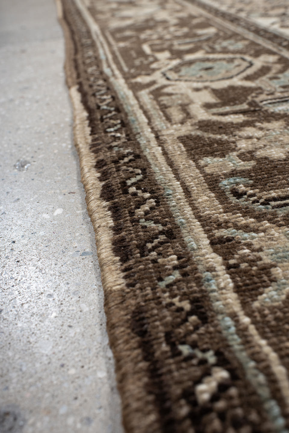 6' x 9' one-of-a-kind handmade antique Heriz medium size rug. Color palette: brown, ivory, sky blue, taupe, camel, slate