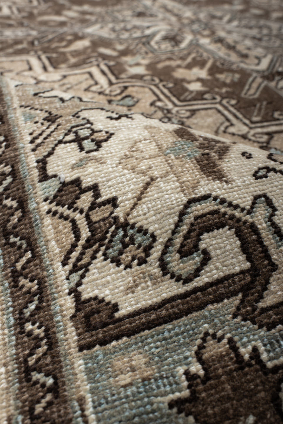 6' x 9' one-of-a-kind handmade antique Heriz medium size rug. Color palette: brown, ivory, sky blue, taupe, camel, slate