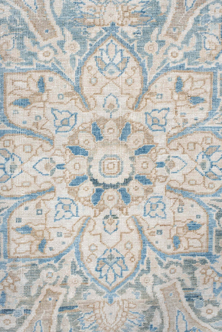8' x 11' one-of-a-kind handmade antique Heriz large size rug. Color palette: ivory, pale blue, beige, sky blue, cream, taupe