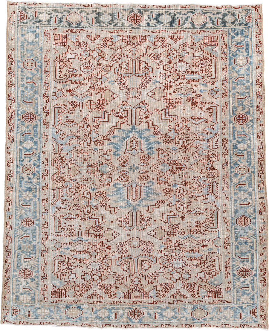 6' x 8' one-of-a-kind handmade antique Heriz medium size rug. Color palette: ivory, sky_blue, terracotta, pale_blue, rust