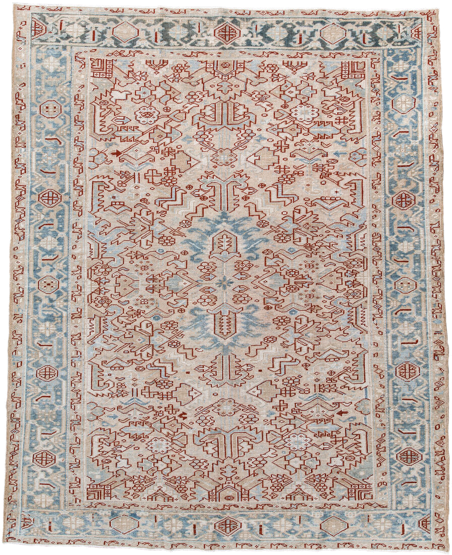 6' x 8' one-of-a-kind handmade antique Heriz medium size rug. Color palette: ivory, sky_blue, terracotta, pale_blue, rust