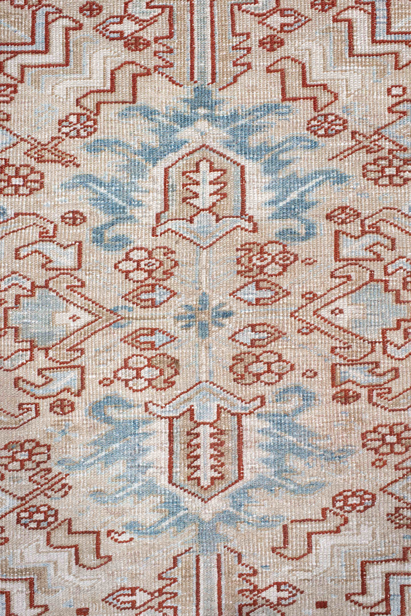 6' x 8' one-of-a-kind handmade antique Heriz medium size rug. Color palette: ivory, sky_blue, terracotta, pale_blue, rust