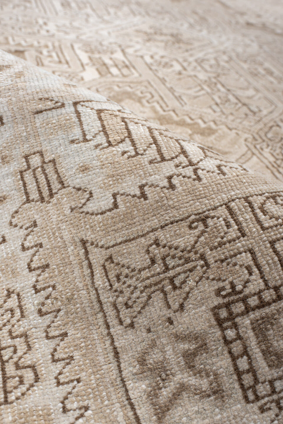 6' x 9' one-of-a-kind handmade antique Heriz medium size rug. Color palette: ivory, taupe, beige, sand, camel, gray
