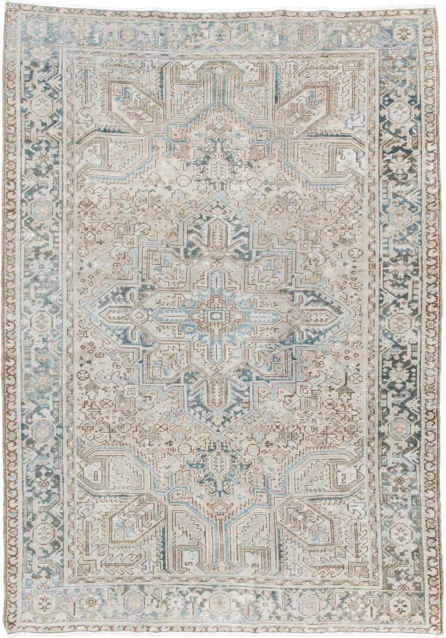 6' x 9' one-of-a-kind handmade antique Heriz medium size rug. Color palette: ivory, sky blue, taupe, beige, slate, camel