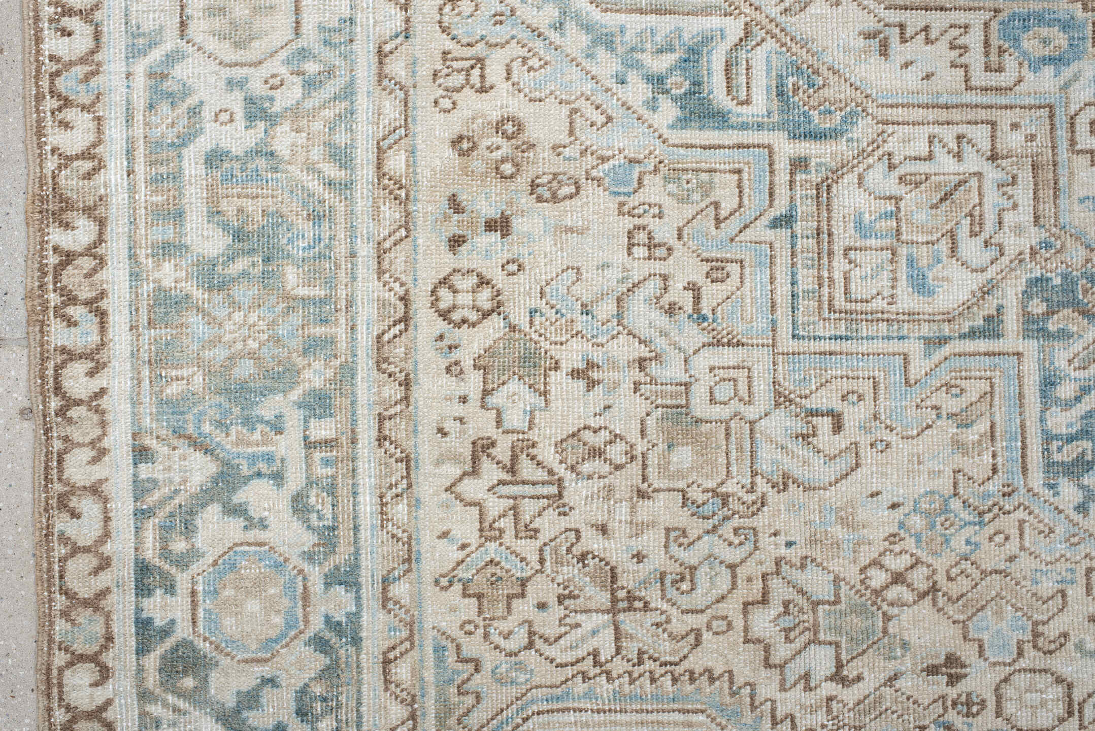6' x 9' one-of-a-kind handmade antique Heriz medium size rug. Color palette: ivory, sky blue, taupe, beige, slate, camel